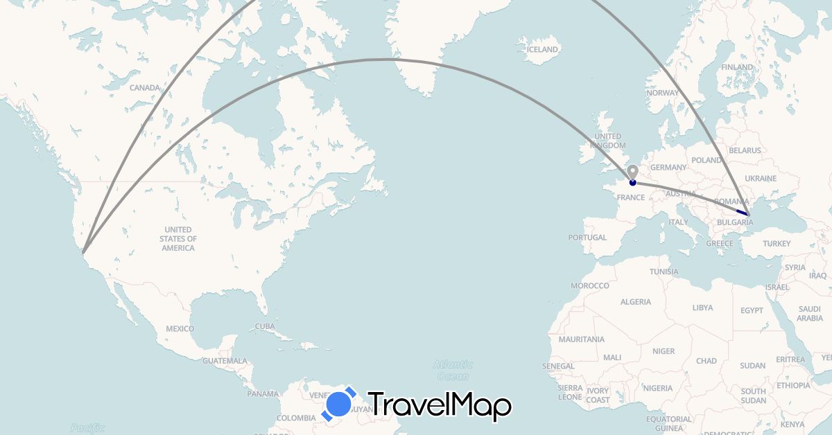 TravelMap itinerary: driving, plane in France, Romania, United States (Europe, North America)